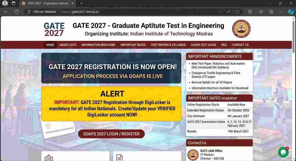 Offical website for IIT GATE 2027 Admission Form
