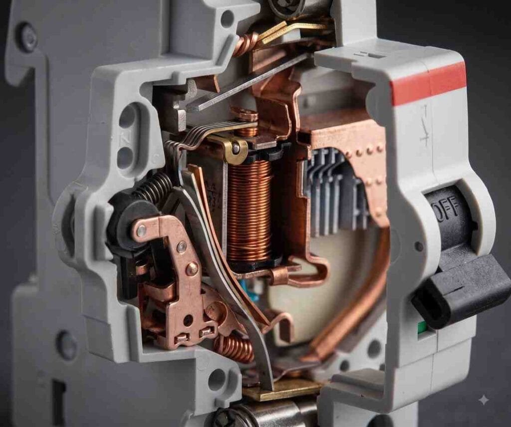 A highly detailed macro shot showing the internal bimetallic strip and magnetic coil mechanism of a tripped MCB