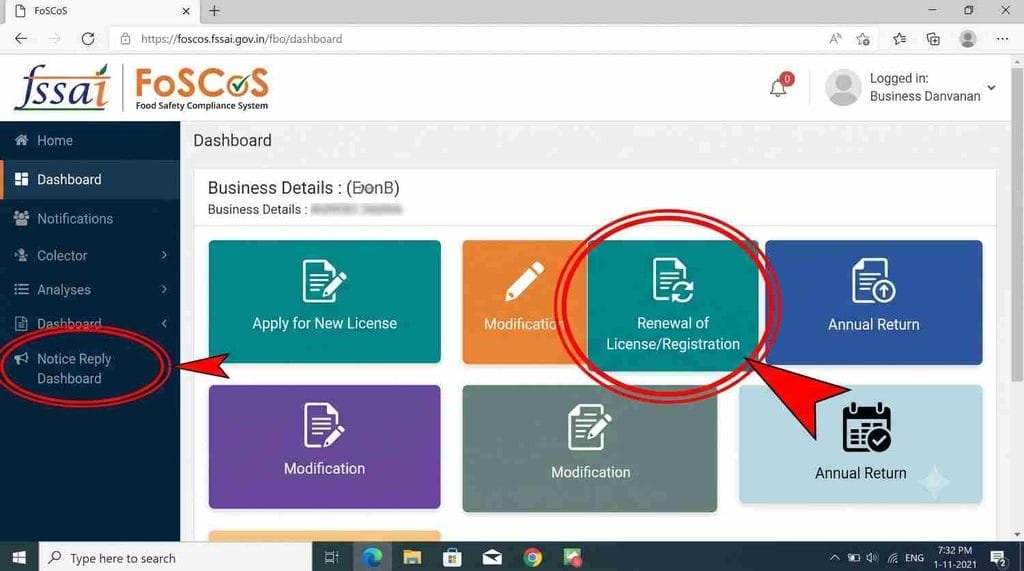  FoSCoS portal dashboard for FSSAI Improvement Notice Reply]