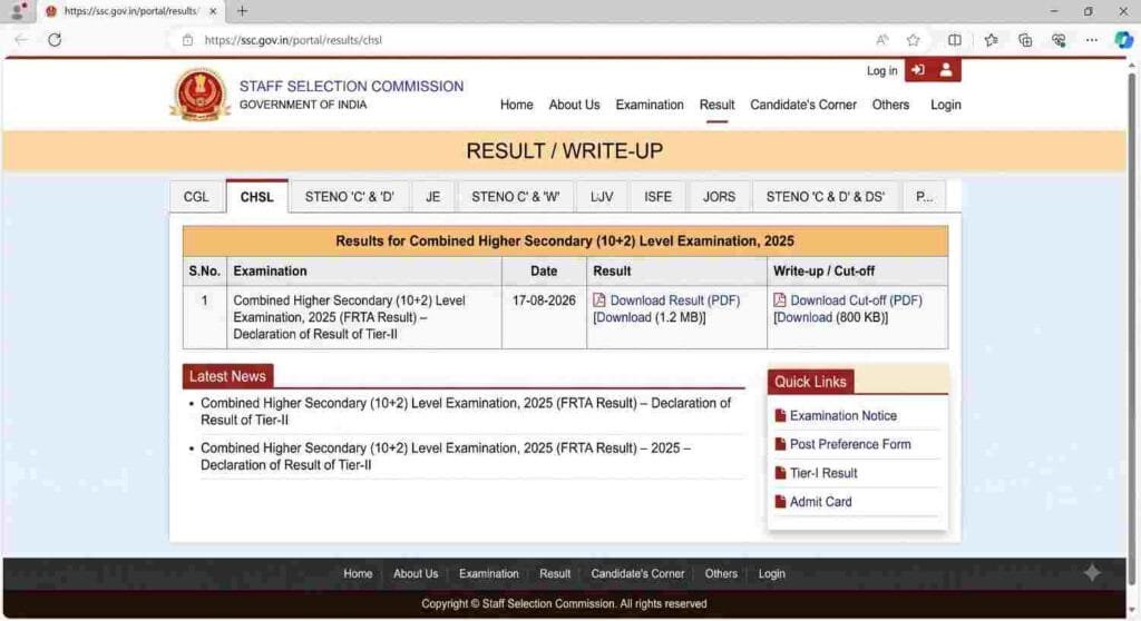 SSC CHSL FRTA Result 2026 out