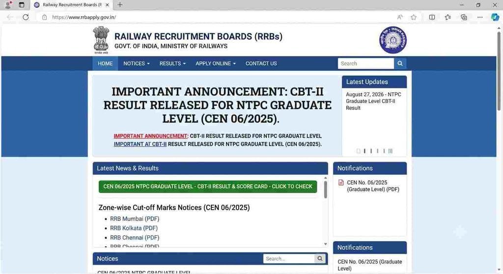 RRB NTPC Graduate Level CBT-II Result 2026 Offical website
