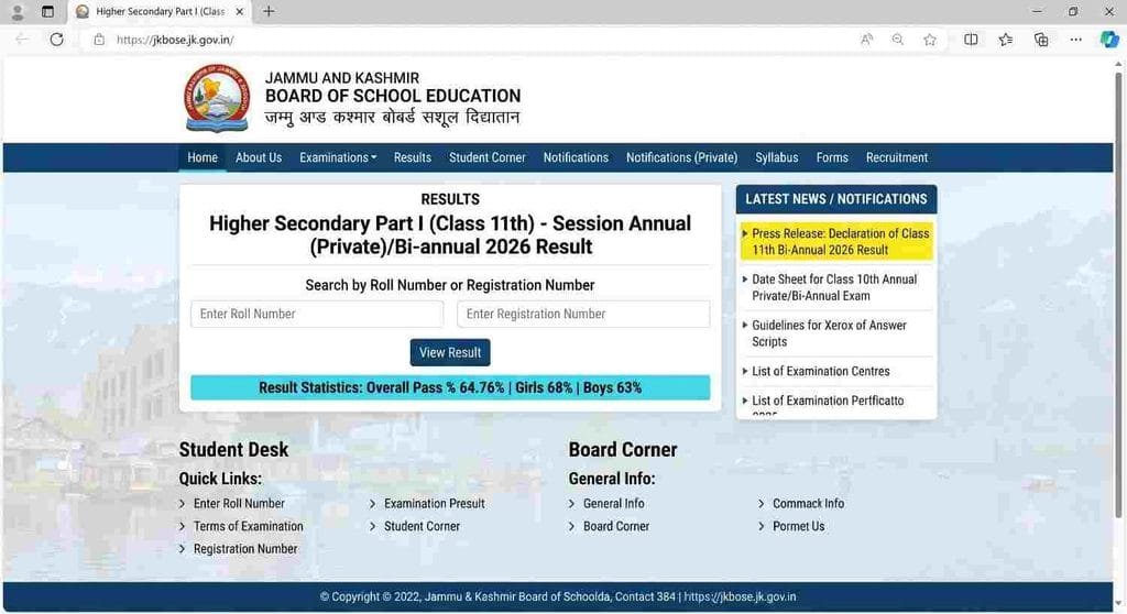 JKBOSE Class 11 Bi-Annual Result 2026 Offical website
