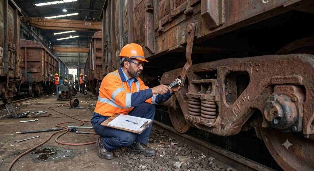 Railway technician preparing Condemnation Report for old wagon in sickline