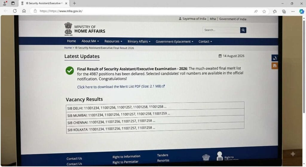 IB Security Assistant Final Result 2026 out