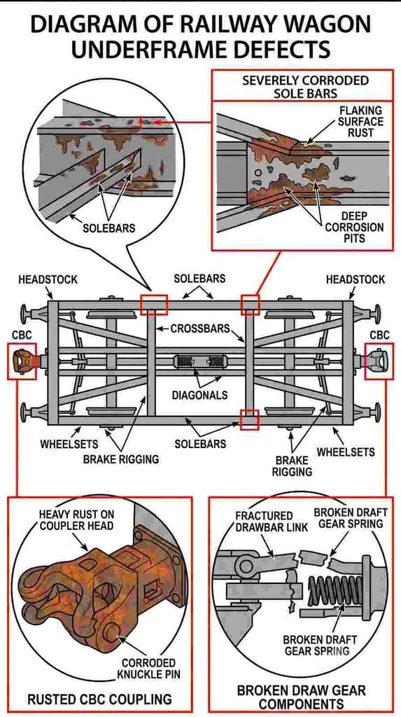 Rusted underframe and draw gear of railway wagon ready for condemnation process