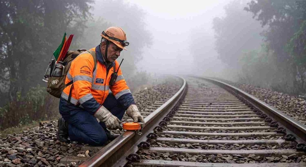 Indian Railways track patroller placing detonator on track]