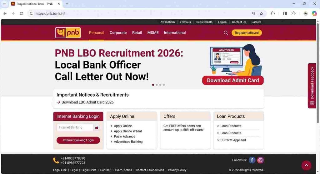 PNB Bank LBO Admit Card 2026 Offical website