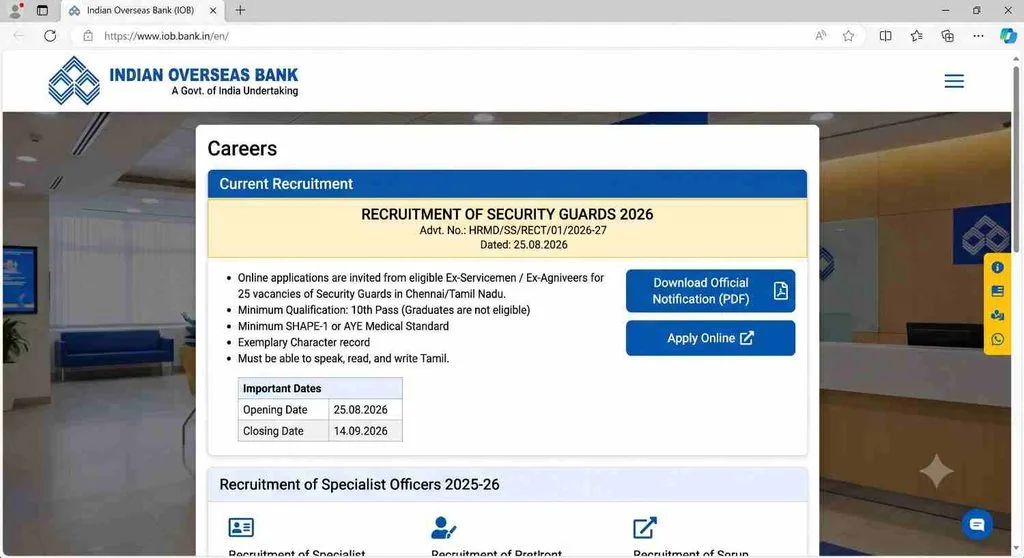 IOB Security Guard Recruitment 2026 apply online