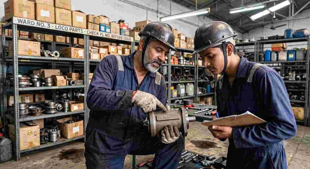 An experienced railway technician explaining to a junior helper how to check the PL number on a spare part before issuing it from the workshop store ward