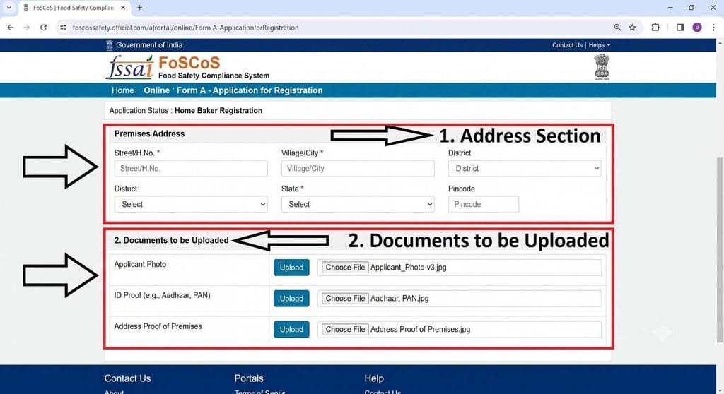 A clear screenshot of the FoSCoS portal's Form A showing the address and document upload section for Home Bakers