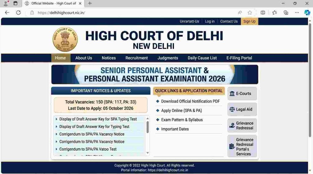 offical website Delhi High Court SPA PA Recruitment 2026