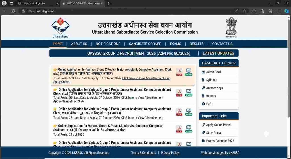 UKSSSC Group C Recruitment 2026 apply online