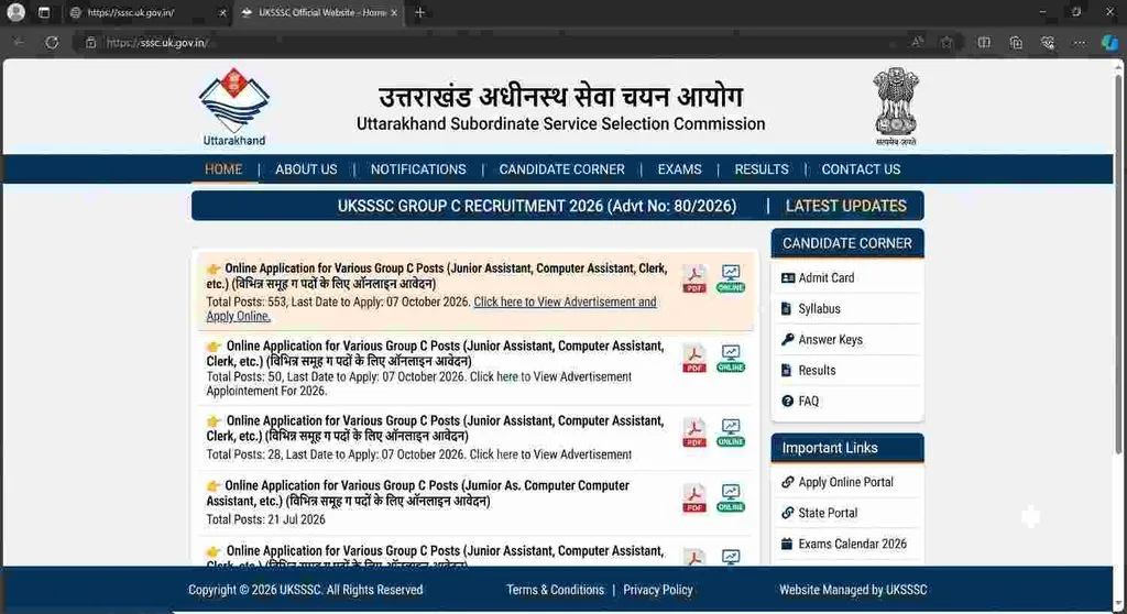 UKSSSC Group C Recruitment 2026 apply online