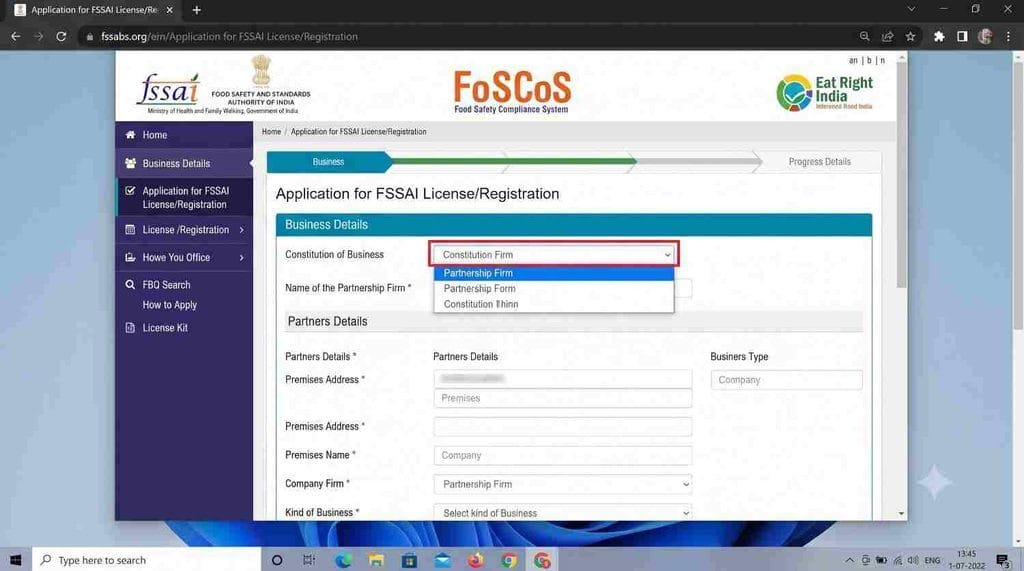 FSSAI License for Partnership Firm]