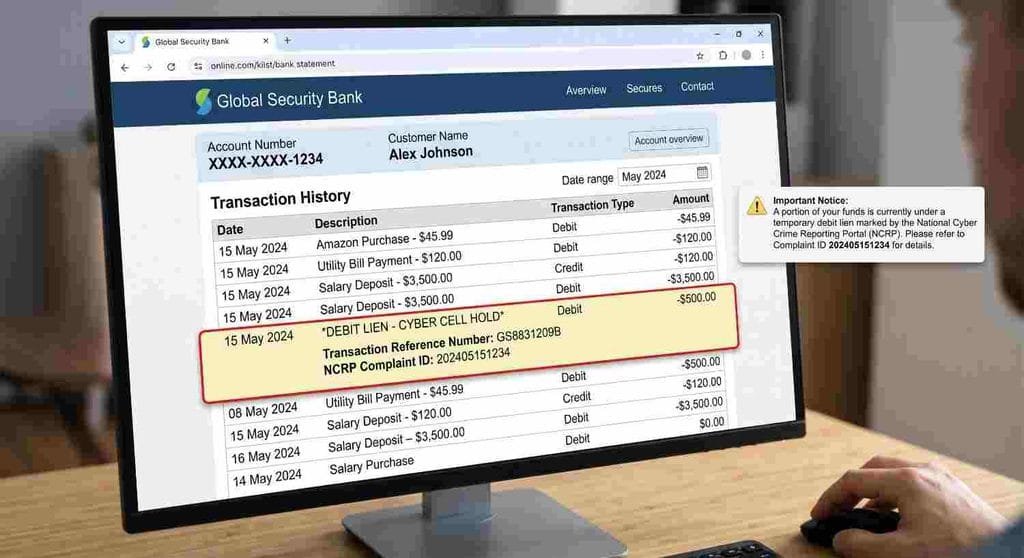 Bank Statement showing Cyber Cell Lien and NCRP Number