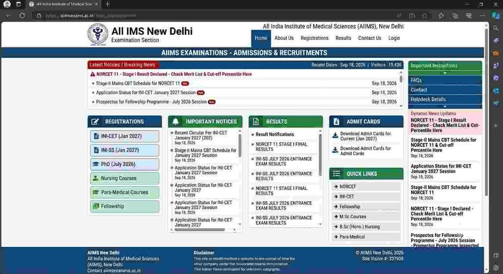 offical website AIIMS NORCET 11th Stage-I Result 2026