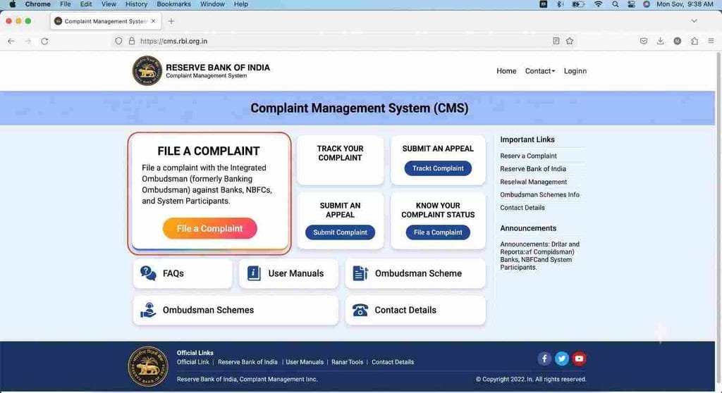 RBI Ombudsman CMS portal Bank Nodal Officer Complaint Format