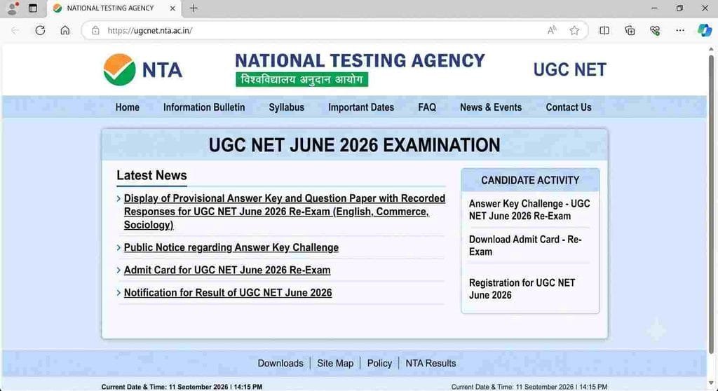 UGC NET June Re Exam Answer Key Offical website