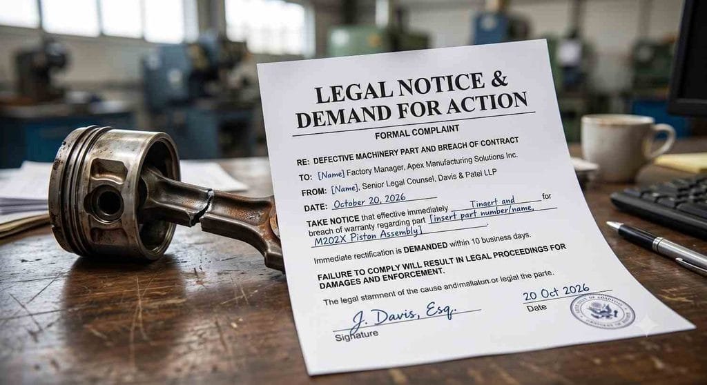 Legal Notice format against supplier for defective machinery]