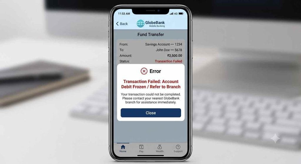 A clear screenshot of a mobile banking app showing the error message "Transaction Failed: Account Debit Frozen / Refer to Branch"