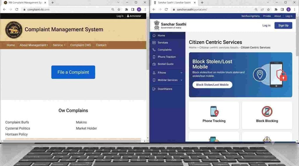 RBI Ombudsman CMS Portal and Sanchar Saathi Website Interface