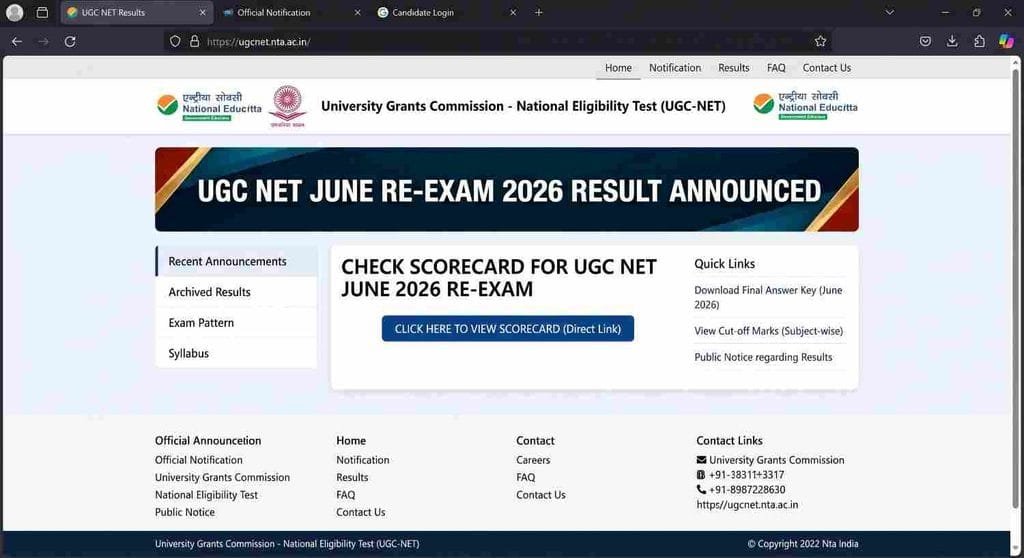 offical websit UGC NET June Re-Exam Reesult 2026