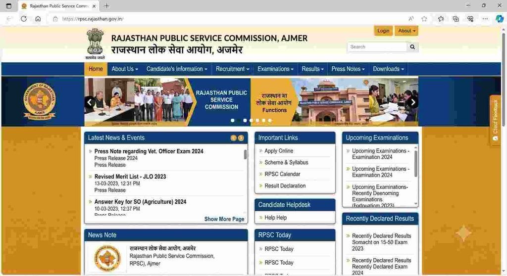 offical website for RPSC Factories & Boiler Inspector Admit Card 2026