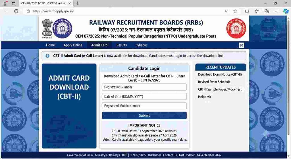 offical website for RRB NTPC UG CBT-II Admit Card 2026