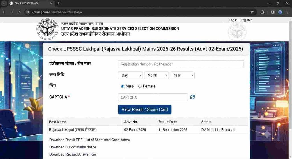Offical website for UPSSSC Lekhpal Result 2026