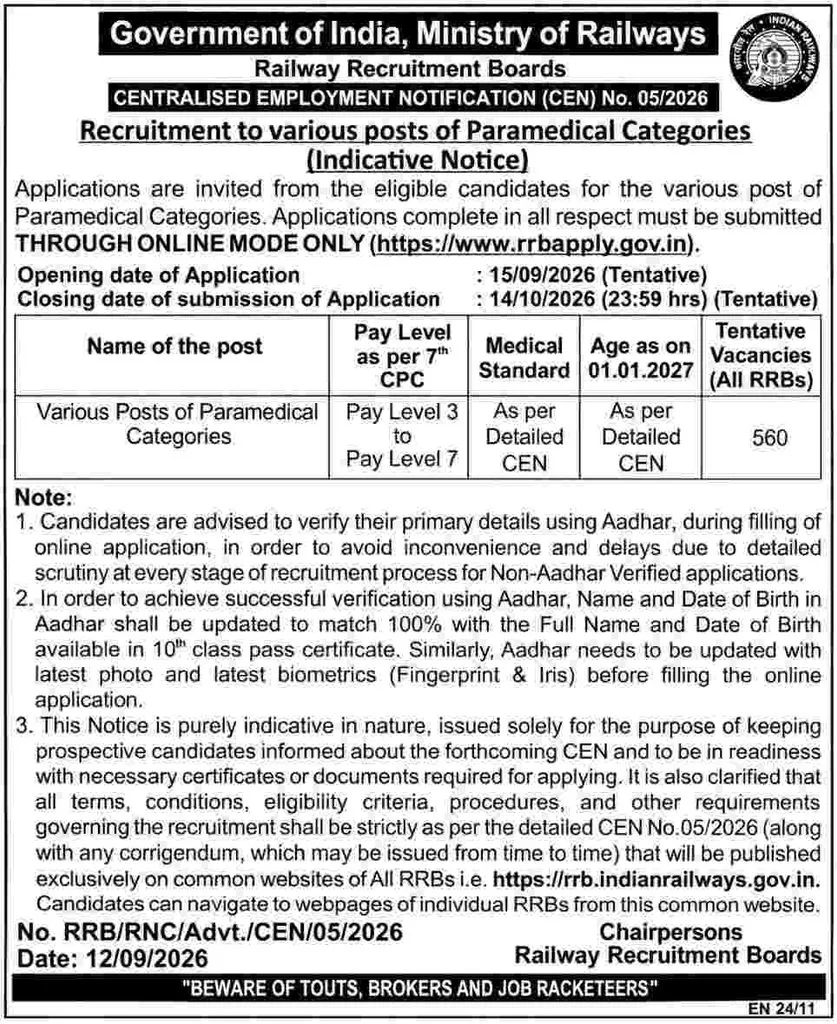 Official Notification for RRB Paramedical Staff Recruitment 2026