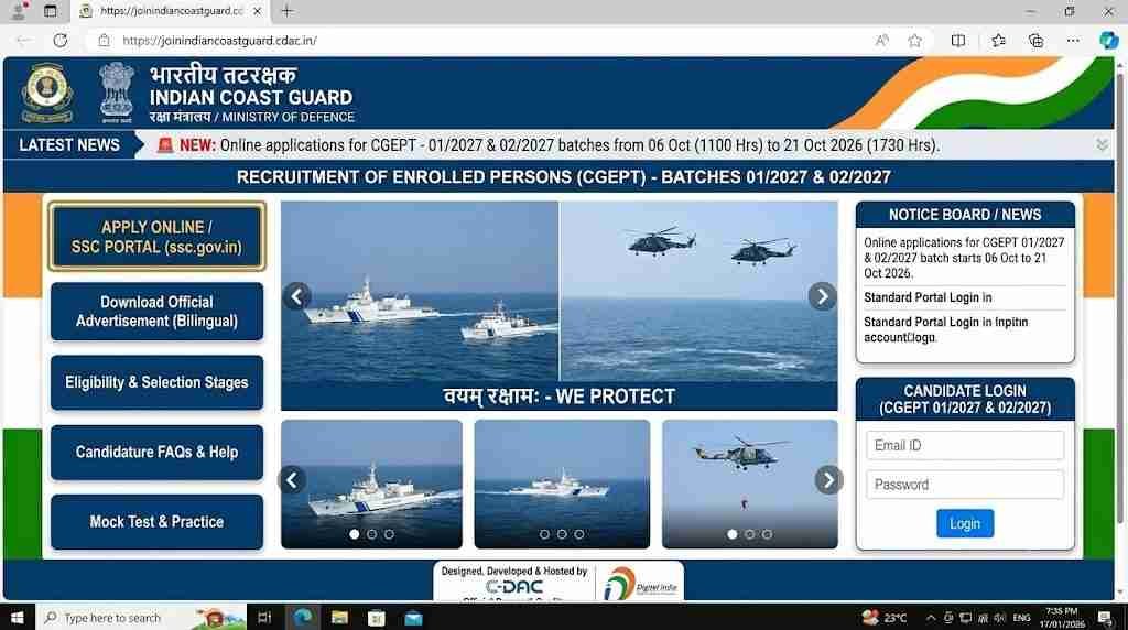 offical website Indian Coast Guard CGEPT Recruitment 2026