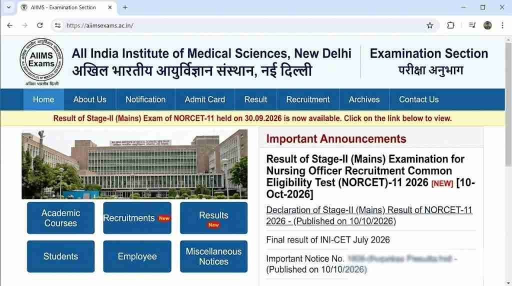 offical website AIIMS NORCET 11 Stage-II Result 2026
