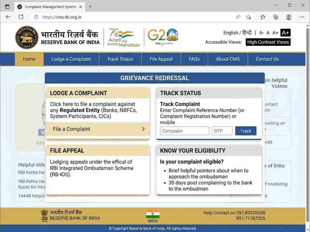 RBI Ombudsman complaint for bank account unfreeze