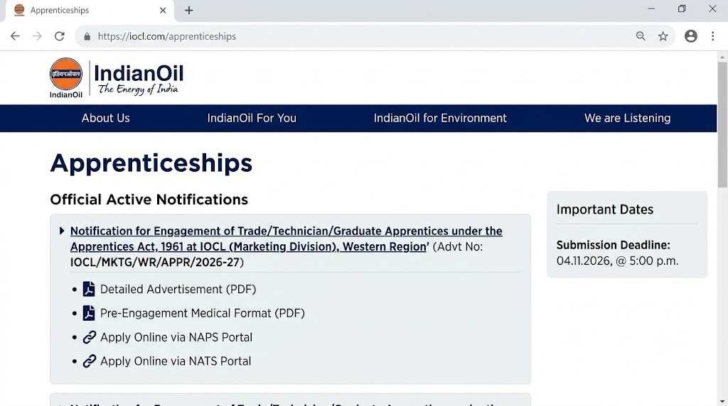 offical website IOCL WR Apprentice Recruitment 2026