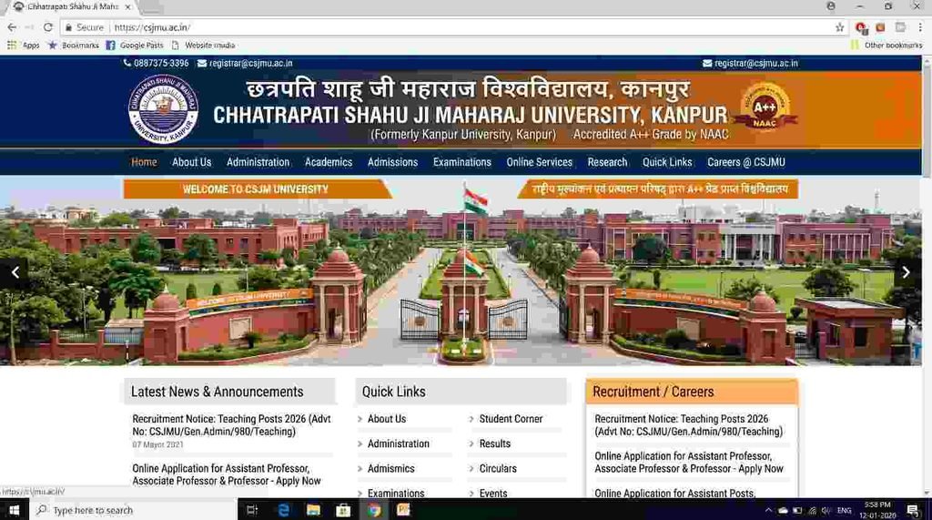 offical website CSJMU Kanpur Teaching Post Recruitment 2026