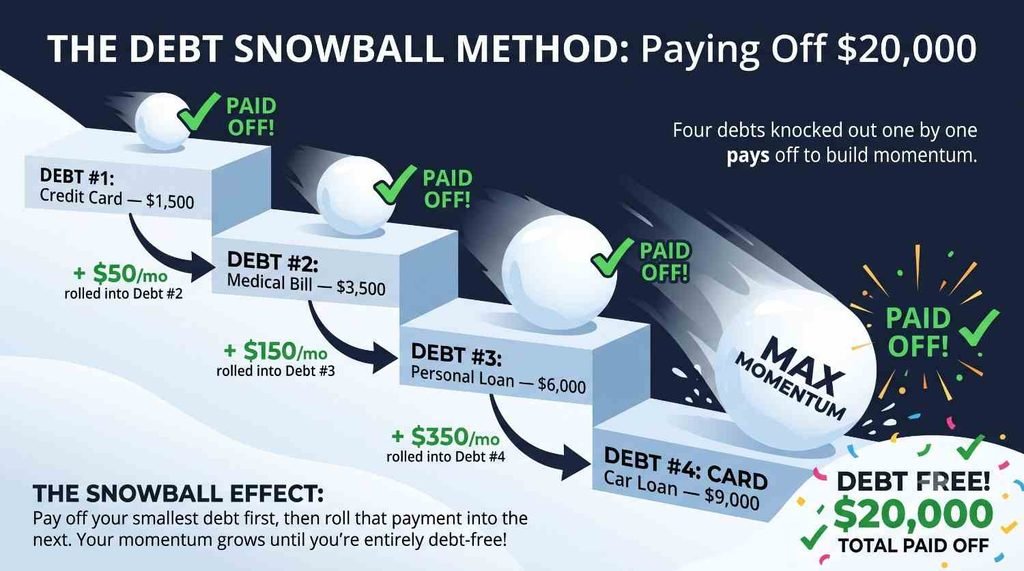 Step-by-step visual of the debt snowball method paying off twenty thousand dollars]