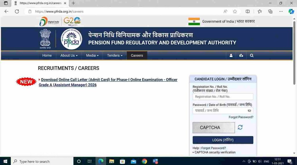 offical website PFRDA Grade A Admit Card 2026