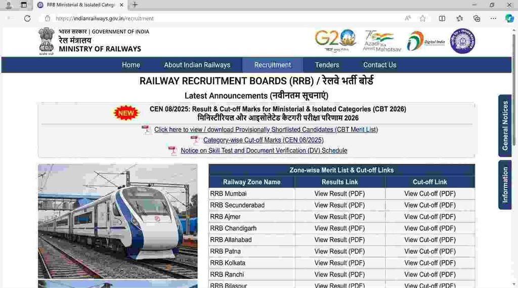 offical website RRB Ministerial and Isolated Category Result 2026