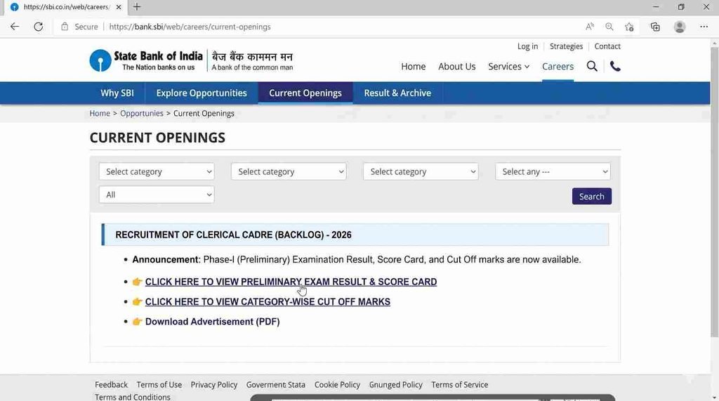 offical website SBI Clerk Backlog Result 2026 Out: खुशखबरी! (Alert) Phase 1 Scorecard & Cut Off जारी