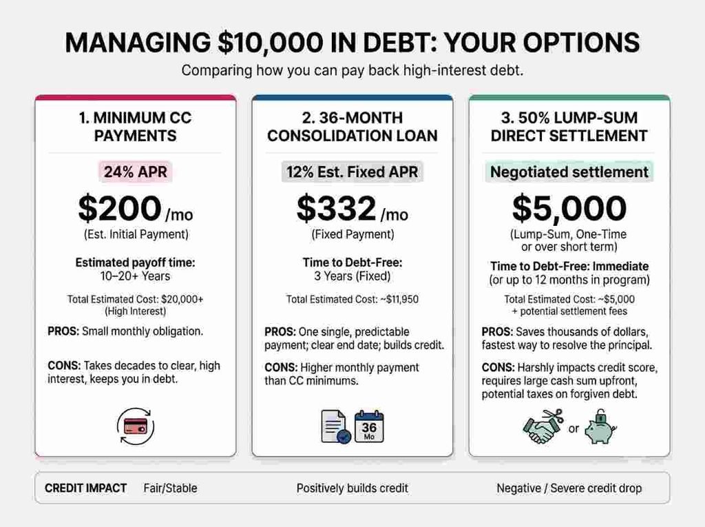 Credit card debt settlement negotiation comparison matrix.