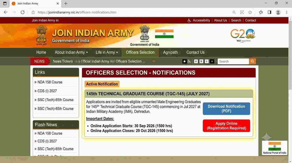 offical Indian Army TGC 145 Recruitment 2026