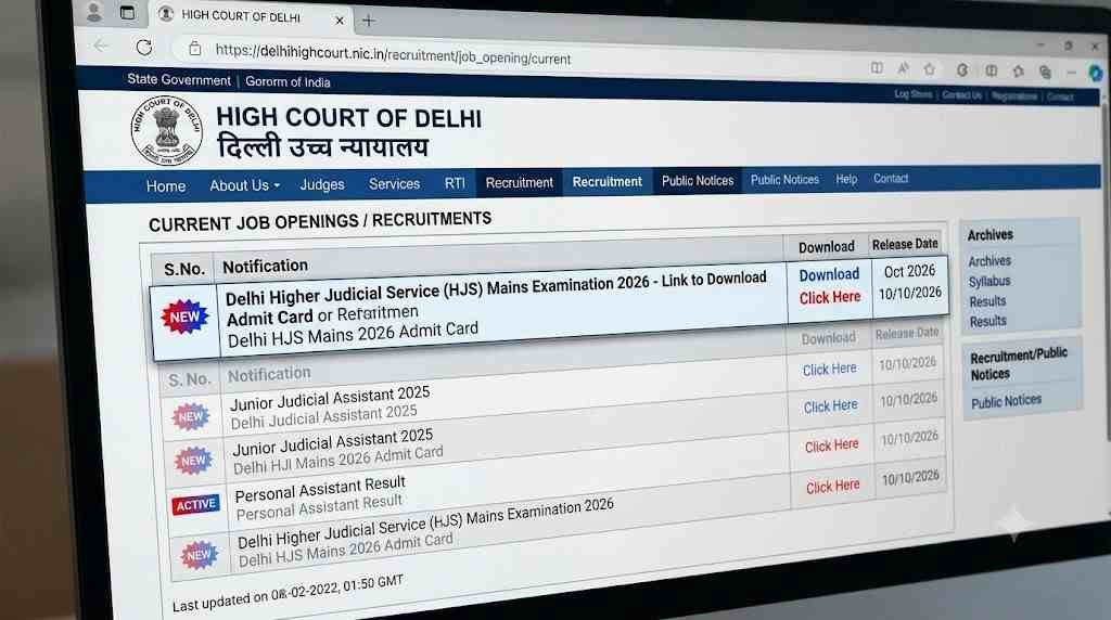 offical website Delhi HJS Mains Admit Card 2026